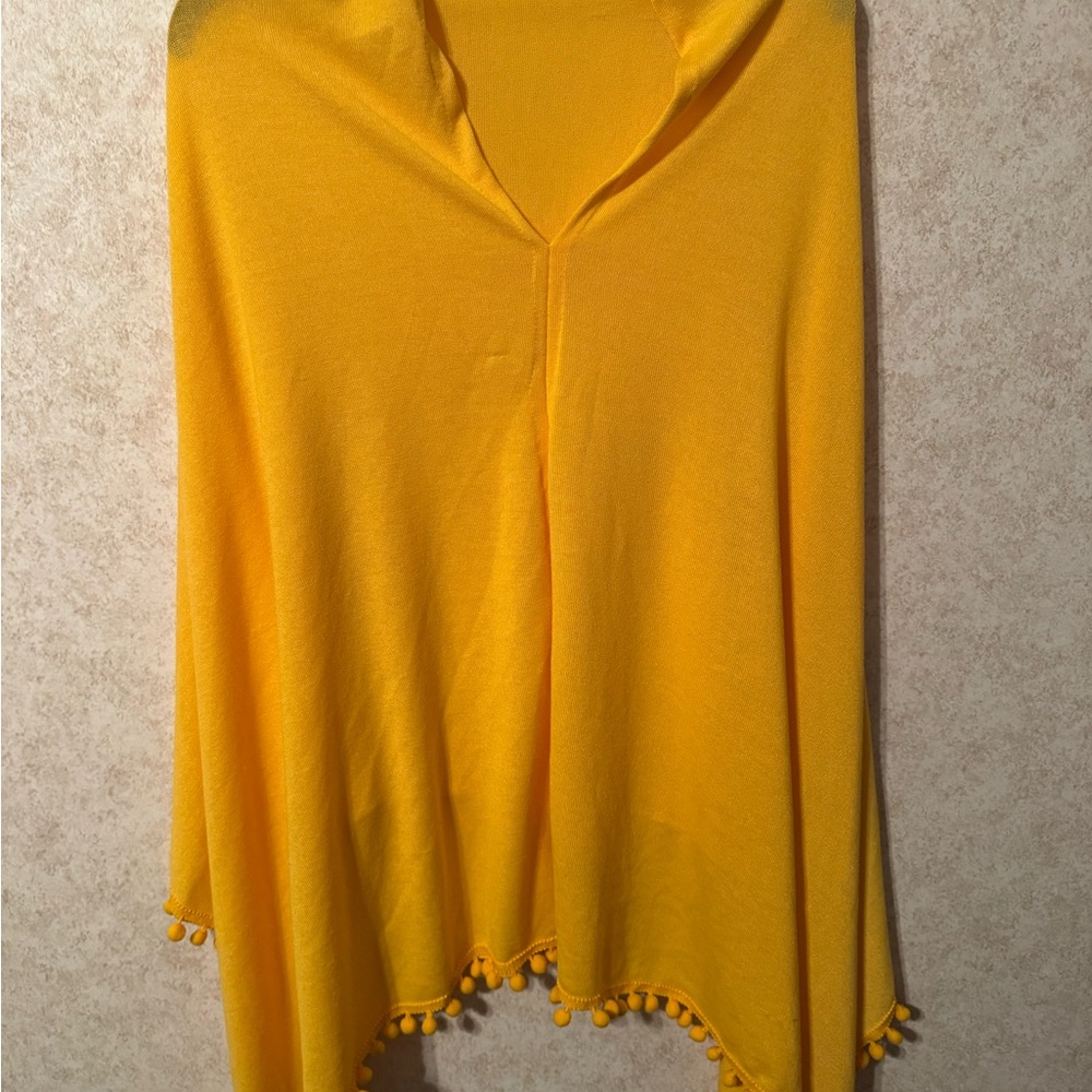 Yellow Women's sweater cardigan cape with Pom-Pom Trim